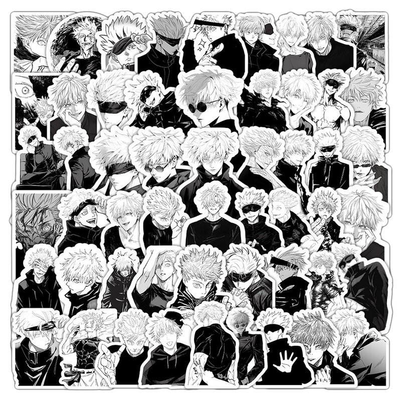 Jujutsu Kaisen Satoru Gojo Anime Adesivos, decalques preto e branco, laptop, telefone, mala, adesivo impermeável legal, brinquedos para crianças, 10 pcs, 30 pcs, 60pcs