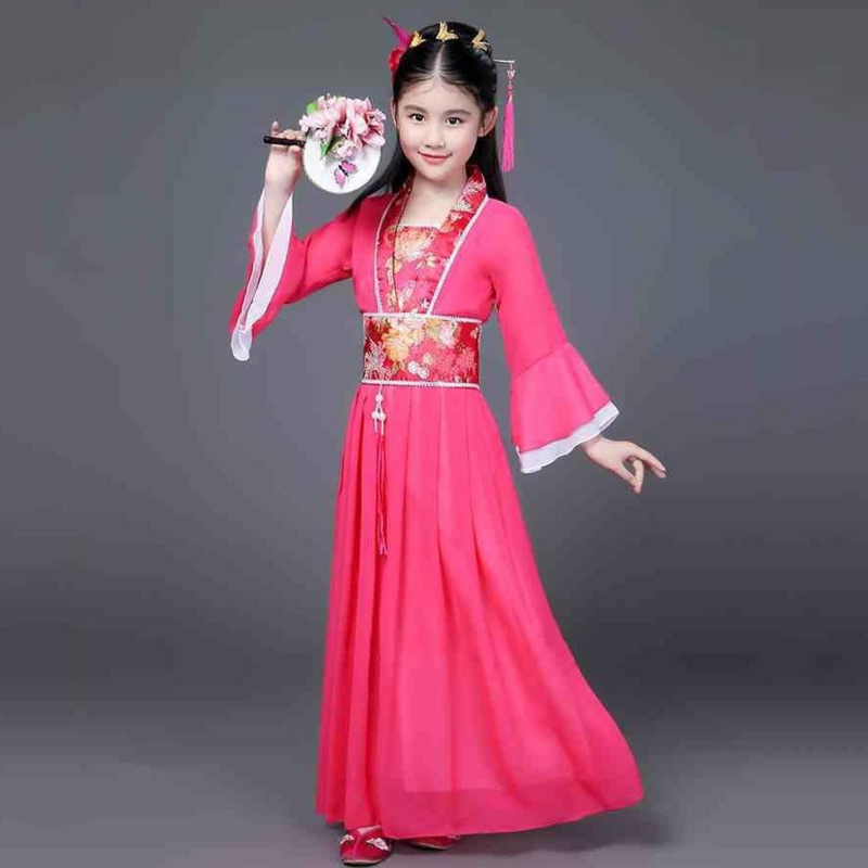 Chinês tradicional Hanfu dança fãs vestido para crianças, vermelho quente, rosa, céu azul, branco, verde, amarelo, traje de Halloween para meninas