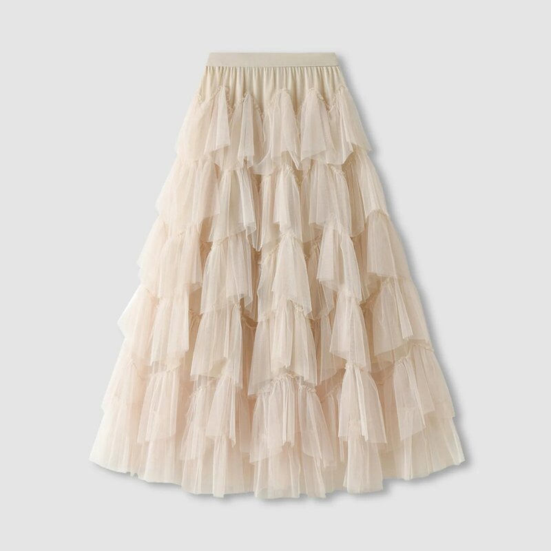 Женская Повседневная бальная юбка, однотонная длинная юбка из тюля с высокой талией, плиссированная элегантная женская дикая сетчатая юбка макси для свиданий, одежда для уборки 2024
