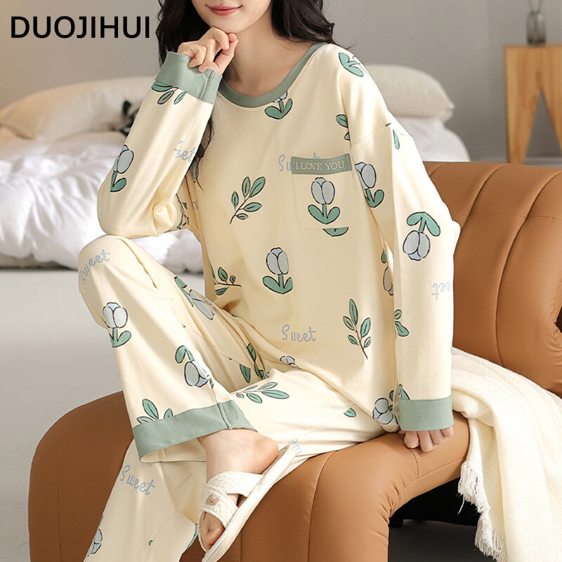 DUOJIHUI-Conjunto de pijama con estampado Floral para mujer, ropa de dormir sencilla con almohadilla para el pecho, Jersey holgado, pantalón básico informal