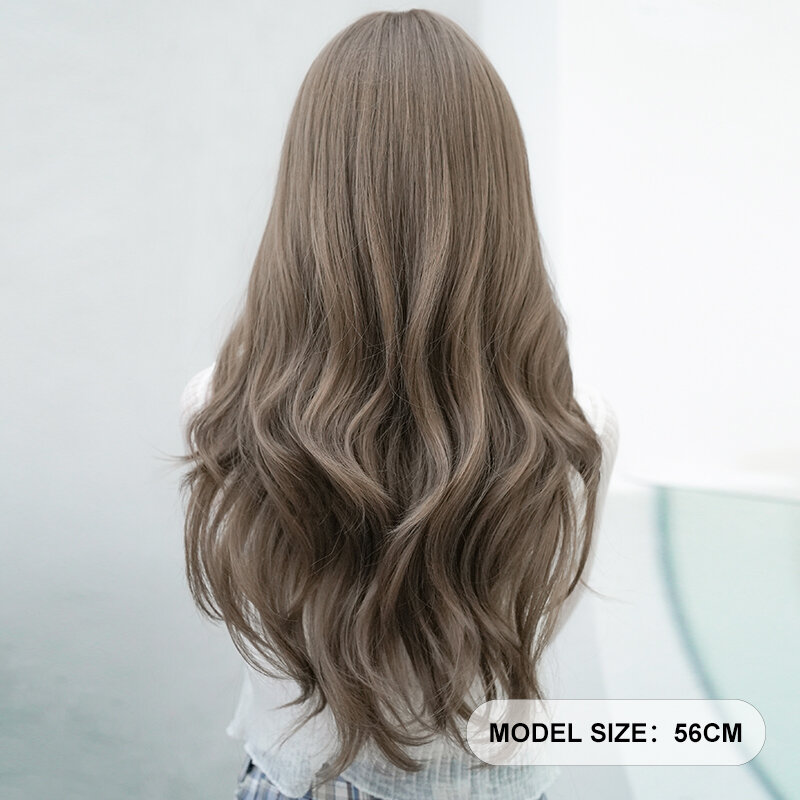 7JHH-pelucas onduladas de cuerpo sintético de alta densidad para mujer, cabellera larga y suelta con flequillo esponjoso, color marrón, agradable para principiantes