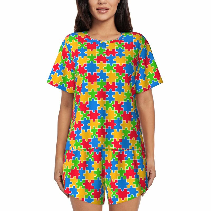 Stampa personalizzata donna Puzzle colorato autismo consapevolezza pigiama Set manica corta 2 pezzi pigiameria Pjs Lounge Set
