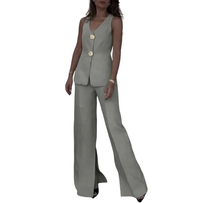 Trendy Office Attire for Women Chic Women's V-neck Sleeveless Top Wide Leg Pants Two-piece Set for Work Play Breathable