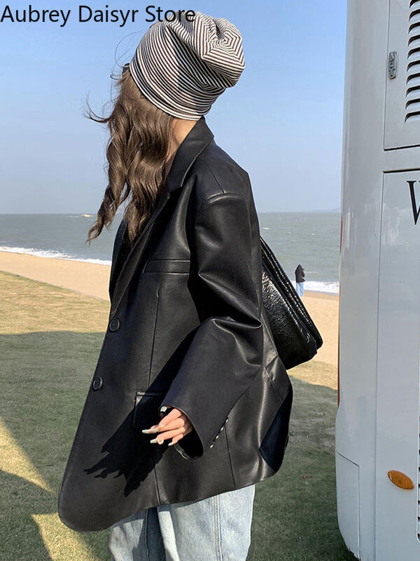 Korean Black Leather Jacket Women Office Lady Pocket Faux Leather Blazers Vintage Casual Loose Single Breasted Winter Warm Coat