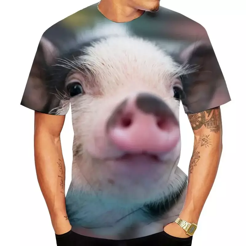 Camiseta solta com gola O masculina, estampa animal, estampa de porco, blusa de manga curta, Harajuku divertido, Personalidade 3D, verão, nova