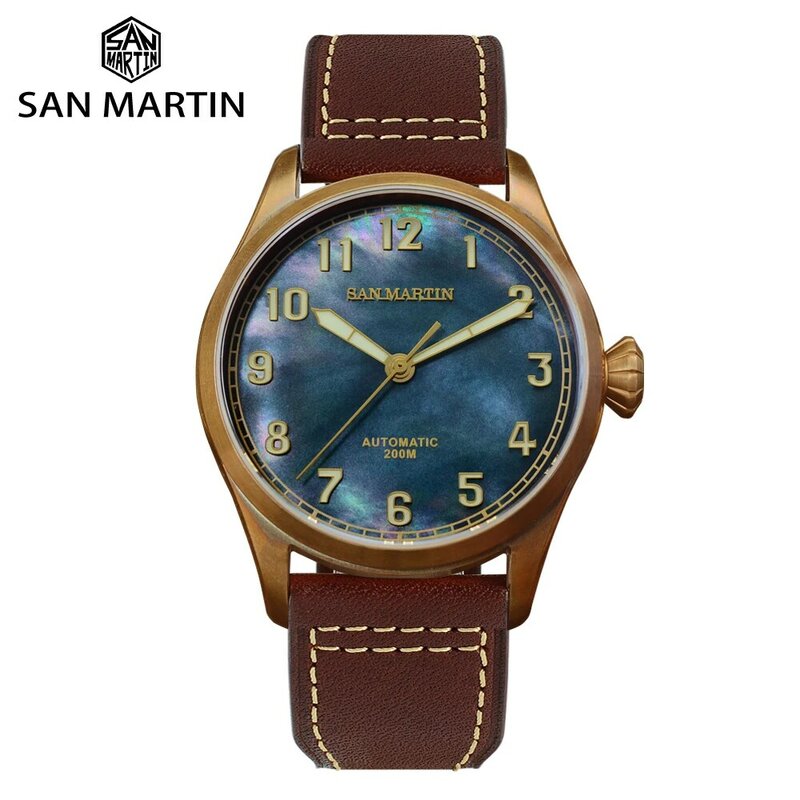 San Martin 남성용 MOP 다이얼, 42mm CuSn8 브론즈 다이버 레트로 시계, 자동 기계식 시계, 사파이어 방수, 200m 야광, PT5000