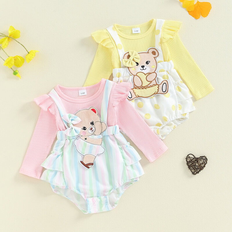 2024-06-01 Lioraitiin Baby Girls Romper, Long Sleeve Crew Neck Embroidery Bear Dots Stripes Casual Bodysuit Clothes