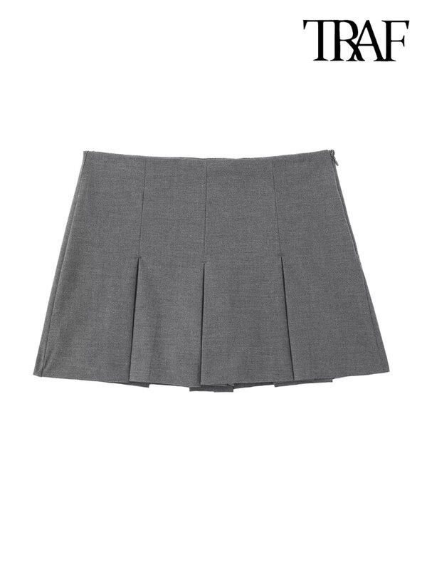 TRAF Women Fashion With Pleated Shorts Skirts Vintage High Waist Side Zipper Female Skort Mujer