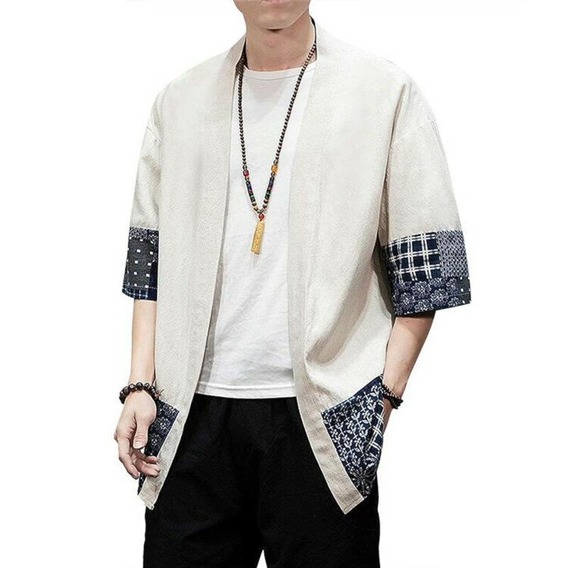 Japońskie Kimono sweter męski luźna, bawełniana lniany z 3/4 rękawami z przodu w stylu Casual, letnia kurtki
