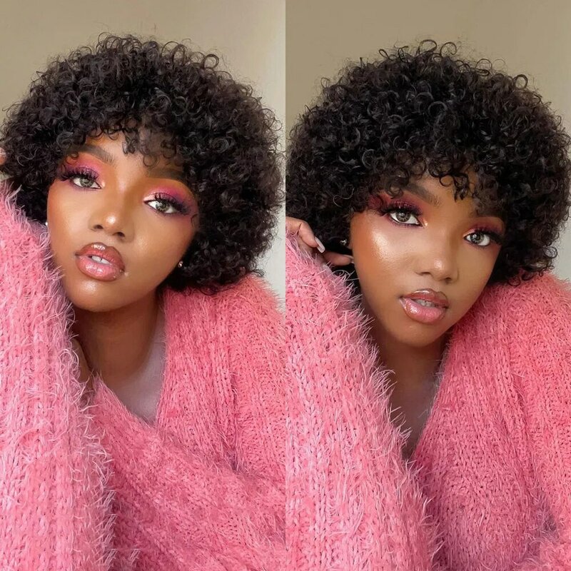 Pixie Short Afro Curly Bob Human Hair Wigs With Bangs For Women Brazilian Remy Hair Wear and Go Natural Brown Kinky Curly Wigs
