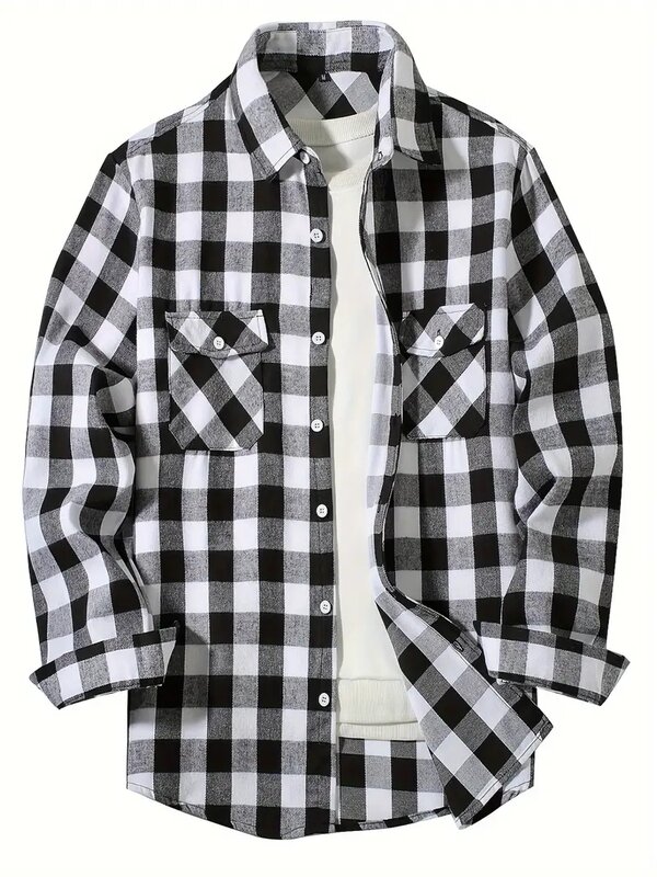 Camisa de flanela xadrez de manga comprida masculina, design de bolso duplo no peito, botão impresso, moda casual, 5 cores, novo, 2022