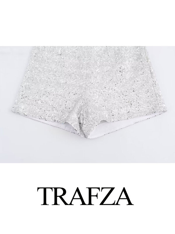 TRAFZA 2024 Women Silver Sequins Decorate High Waist Side Zipper Slim Shorts Fashion Woman Chic Casual Shorts Streetwear