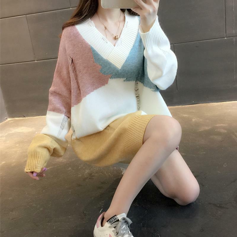 Sweter rajut leher V, pakaian wanita rajut berjumbai warna kontras kasual musim gugur musim dingin gaya Korea longgar leher V