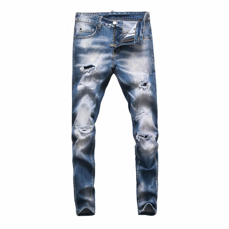 Уличные модные мужские джинсы в стиле ретро, потертые синие Стрейчевые зауженные рваные джинсы с заплатками, мужские дизайнерские Брендовые брюки с рисунком в стиле хип-хоп