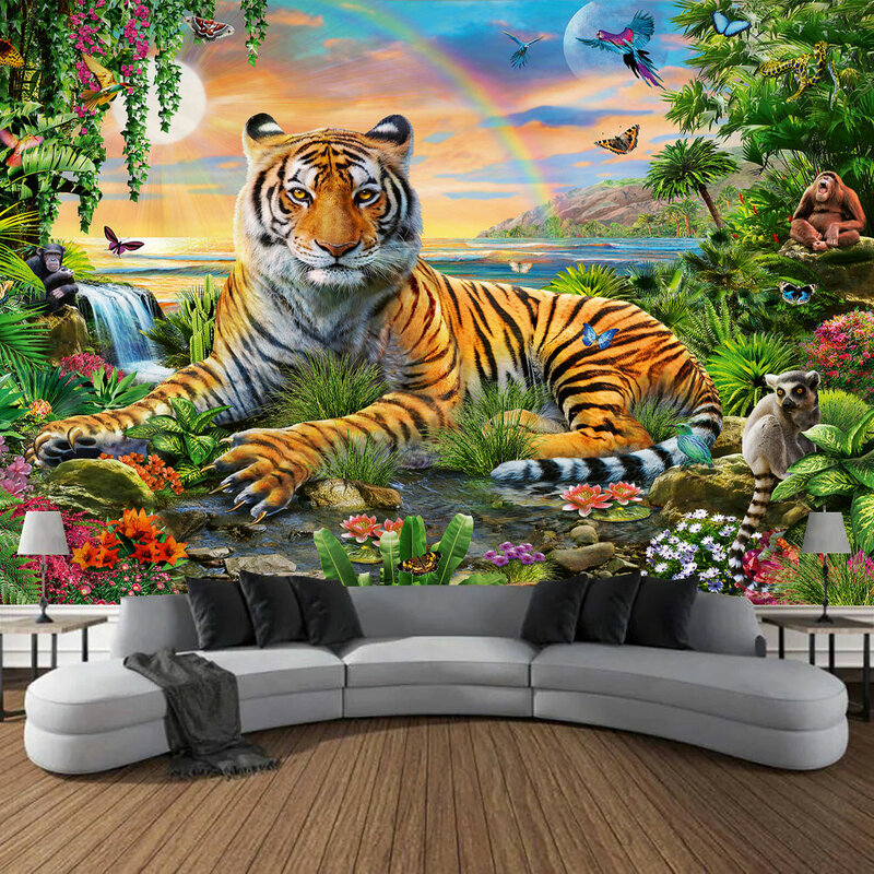 Forest Tiger Colourful Printed Tapestry Outdoor Landscape Animals Decorative Mural Living Room Bedroom Wall Art Tapestry