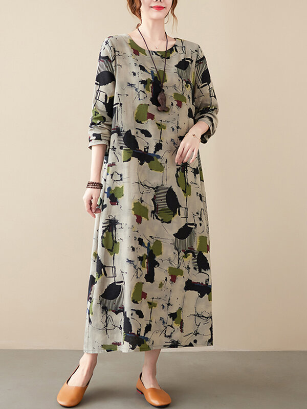 Long Sleeve Cotton Linen Vintage Print Dresses For Women 2023 Spring Autumn Loose Casual Midi Dress Robe Femme Elegant Clothing