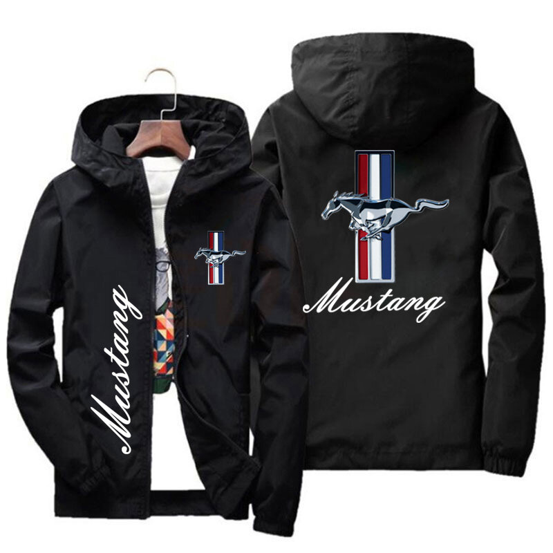 2024 Spring and Autumn Men's Hooded Jackets Outdoor Waterproof Casual Jackets Ford Mustang Car Logo Print