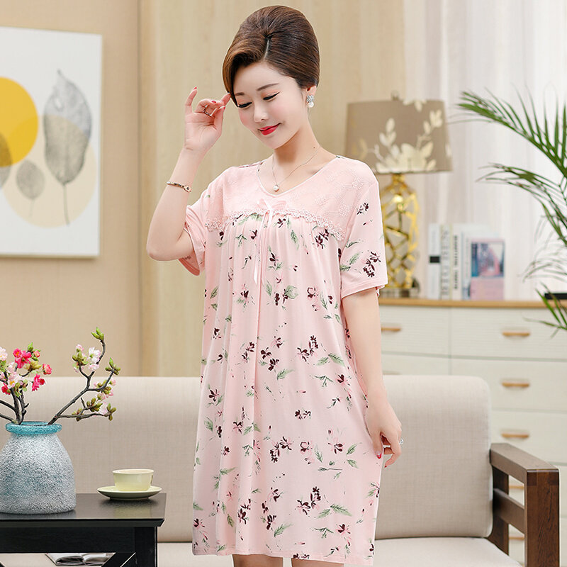 Summer Women Nightgown Modal Female Elegant Flowers Print Sleepwear Long Dress Lady Sleepshirt & Casual Lace Home Clothes