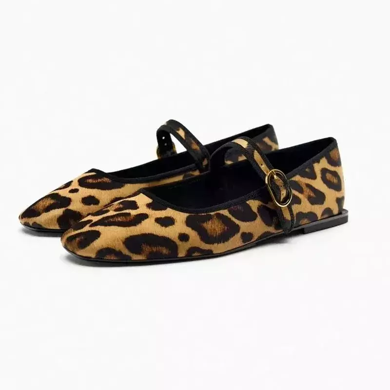 Cabeça quadrada boca rasa sapatos únicos para mulheres, salto baixo, estampa de leopardo, animal print, sapatilha plana, novo, 2024