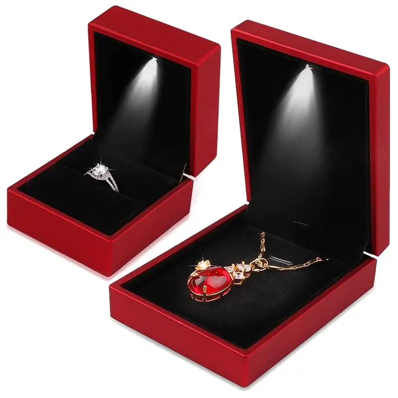 Boîte à bijoux de luxe à LED, boîte à bagues avec lumière LED, étui pour bagues de mariage, pendentif, affichage de boucles d'oreilles, rangement de bijoux