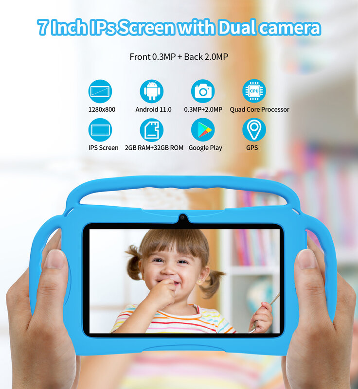 Tableta K3 de 7 pulgadas para niños, tablet con Android 11, 4000mAh, 2GB de RAM, 32GB de ROM, para aprendizaje, con soporte