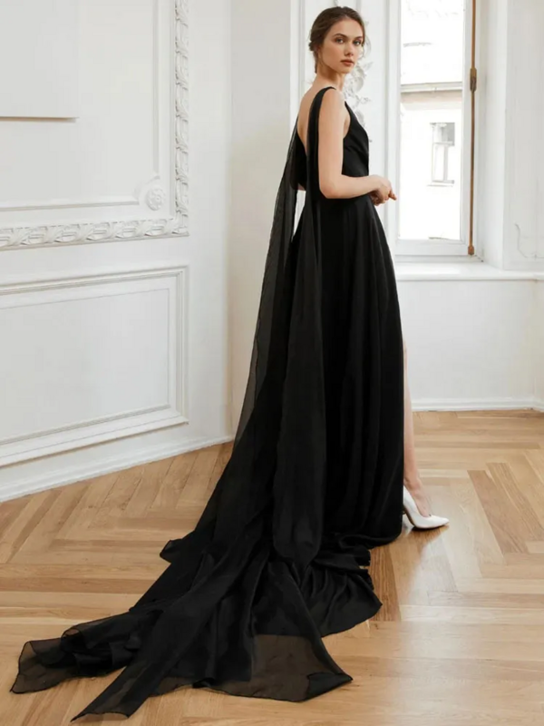 Robe de Soirée Sexy en Mousseline de Soie Noire, Décolmétrage en V Profond, Fendue sur les Cuisses, Forme Trapèze, avec Traîne, Dos aux, pour Occasions Spéciales