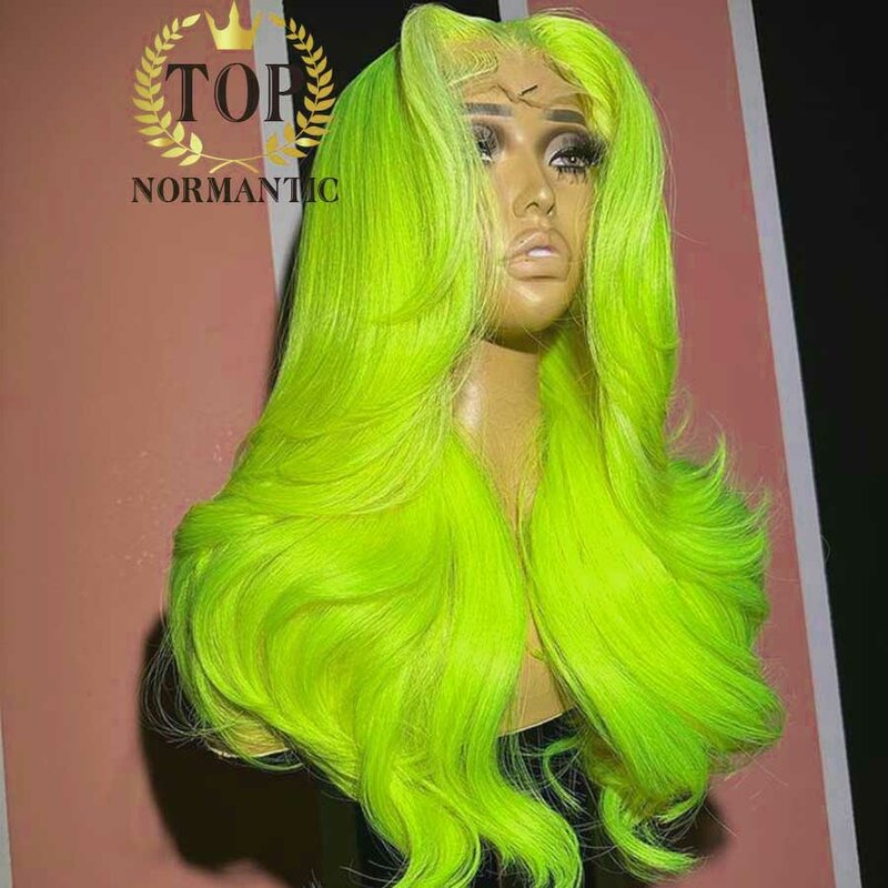 Topnormantic Light Lettuce Green 13x4 Brazilian Hair Wig with Middle Part Body Wave 4x4 Closure Wig with Baby Hair Glueless Wig