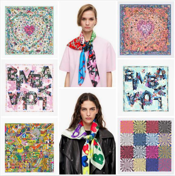 スペインの女性用プリントスカーフ,さまざまな小さな人気の正方形のスカーフとショール,100x100,外国貿易