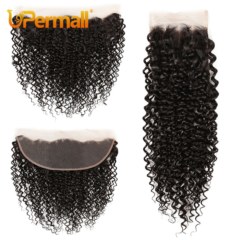 Upermall Kinky Curly 4x4 Lace Closure Pre Plucked Swiss HD Transparent 13x4 Frontal Free Part Natural Black 100% Remy Human Hair