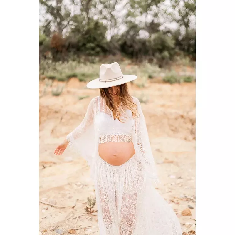 Rekwizyty do fotografii ciążowej koronkowe frędzle ubierać suknie ciążowe na sesja zdjęciowa strój dla kobiet w ciąży na plaży