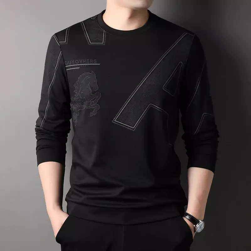 Men's Spring New Fashion Personalized Print Versatile Round Neck Long Sleeved Sweater