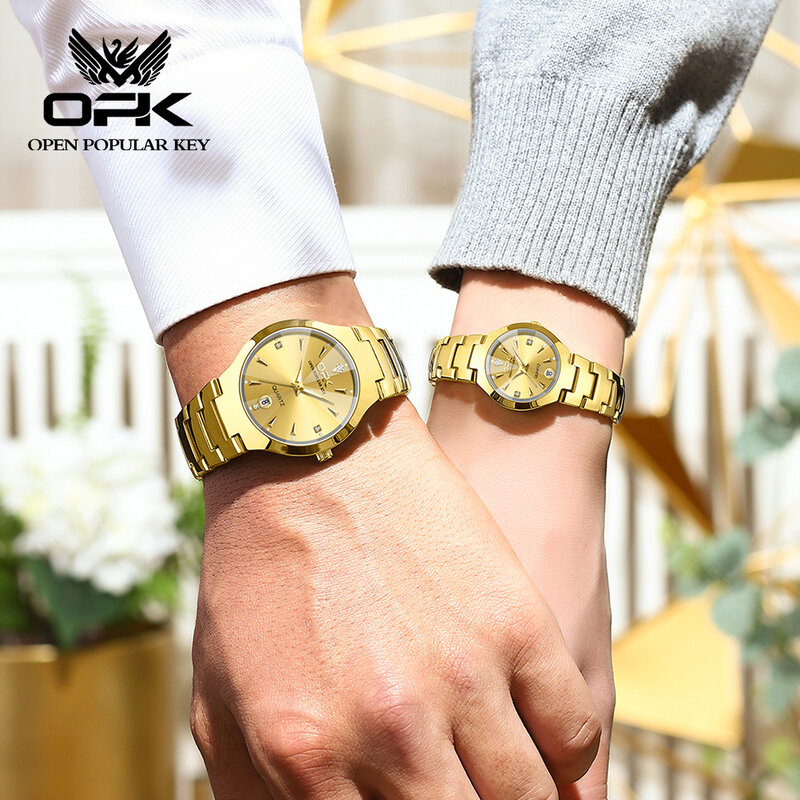 Opk Paar Quarzuhr Luxus alle Gold wasserdichte Mode Wolfram Stahlband elegante Dating Woche Paar Uhr für Männer Frauen