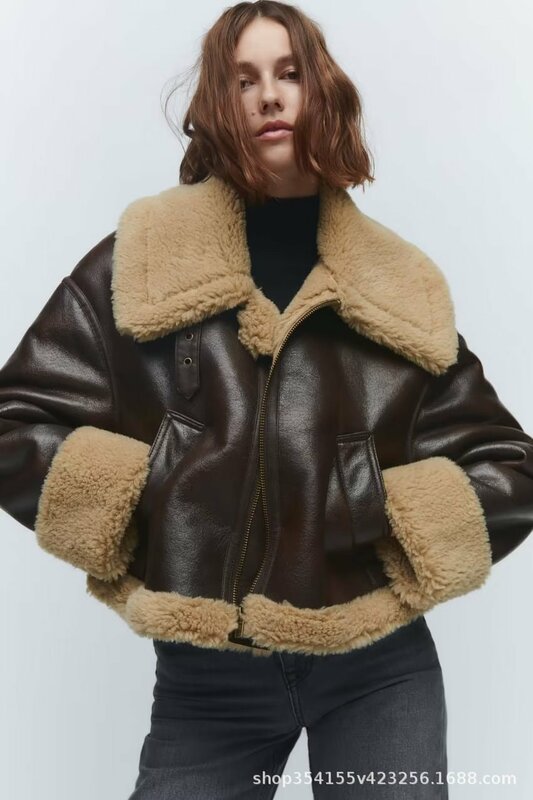 Женская меховая утолщенная куртка с лацканами на молнии, мотоциклетное кожаное пальто, высокое качество, новинка, осень и зима