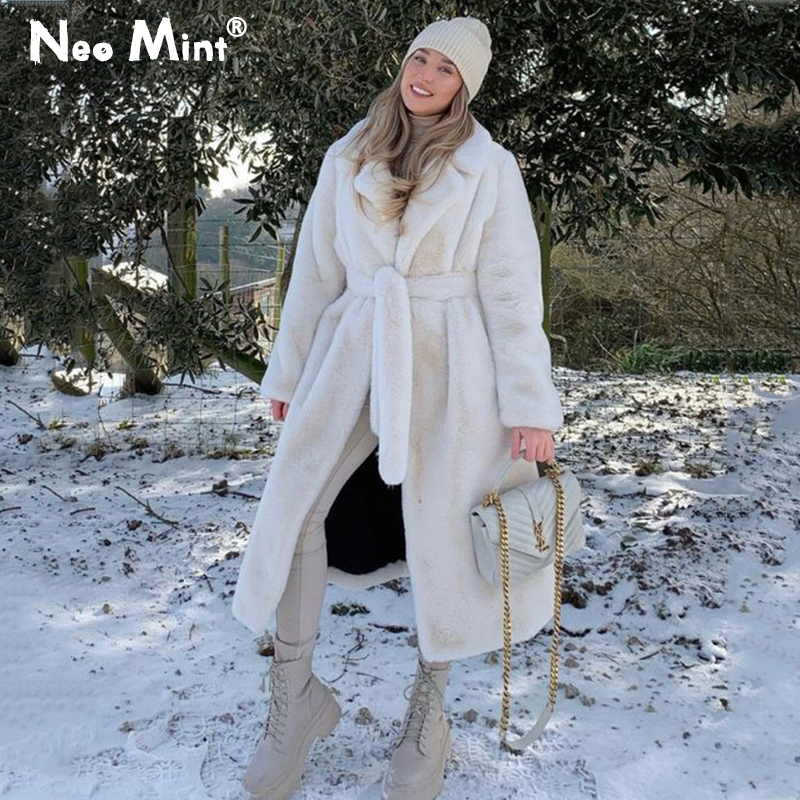 Luxus Winter lange Mäntel Frauen übergroße Revers Gürtel Kunst kaninchen Pelz Mantel Jacke weiblich plus Größe Oberbekleidung Plüsch Pelz mäntel
