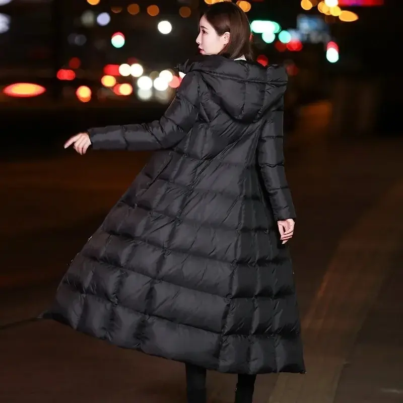 Mantel panjang Down katun wanita, jaket parka hitam hangat berkerudung bantalan katun tebal hangat musim dingin 2023