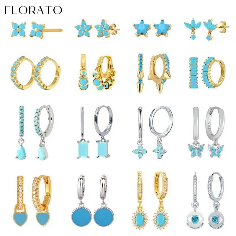 Boucles d'oreilles créoles en argent regardé 925 pour femmes, piercing d'oreille, pendentif géométrique, bleu, turquoise, accessoires de bijoux