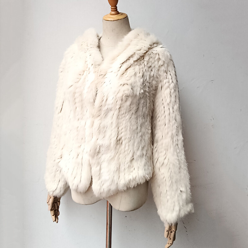 Женская Повседневная Толстая свободная вязаная куртка с капюшоном из натурального меха, высококачественные шубы из кроличьего меха с капюшоном