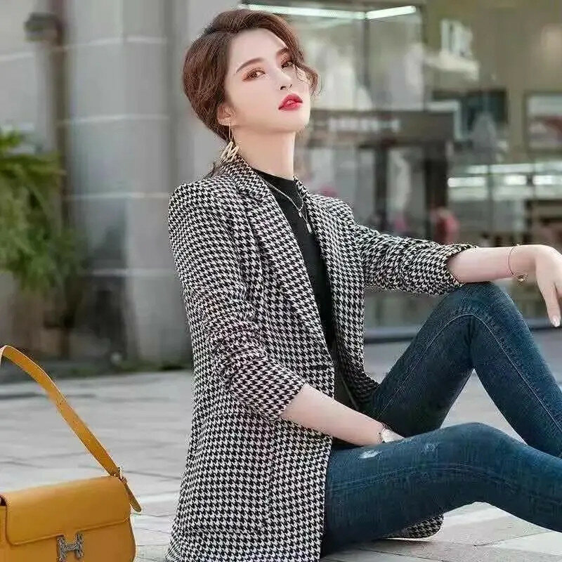 Mode Qianniao Grid Jas Dames Blazer 2024 Lente Herfst Nieuwe Koreaanse Editie Slanke Zakken Pak Dames Bovenkleding Top