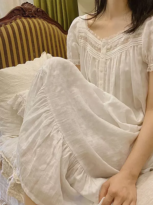 Kobiety czystej bawełny Ruffles koszula nocna w stylu vintage szata koronkowa wróżka z krótkim rękawem wiktoriańska księżniczka bielizna nocna słodka sukienka wieczorowa Homewear
