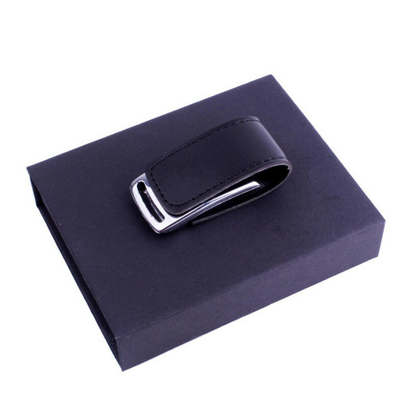 Caja de papel negra + unidad Flash USB de cuero, pendrive con logotipo gratis de 64GB, 32GB, Memory Stick para fotografía de boda, disco U de 18GB, 8GB, 4GB