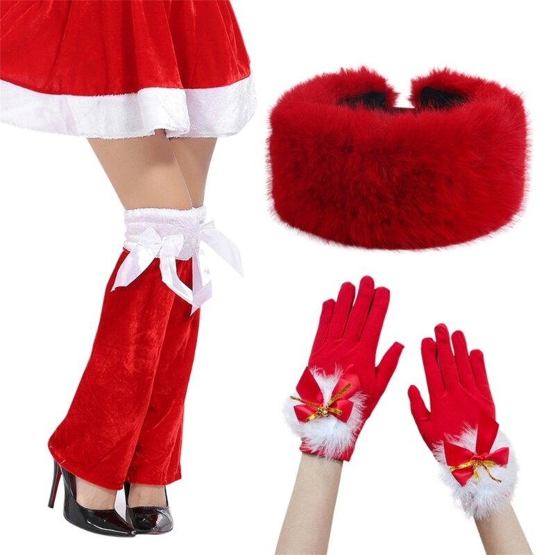 Luvas festa festival, polainas vermelhas, chapéu adulto feminino, fantasia Papai Noel