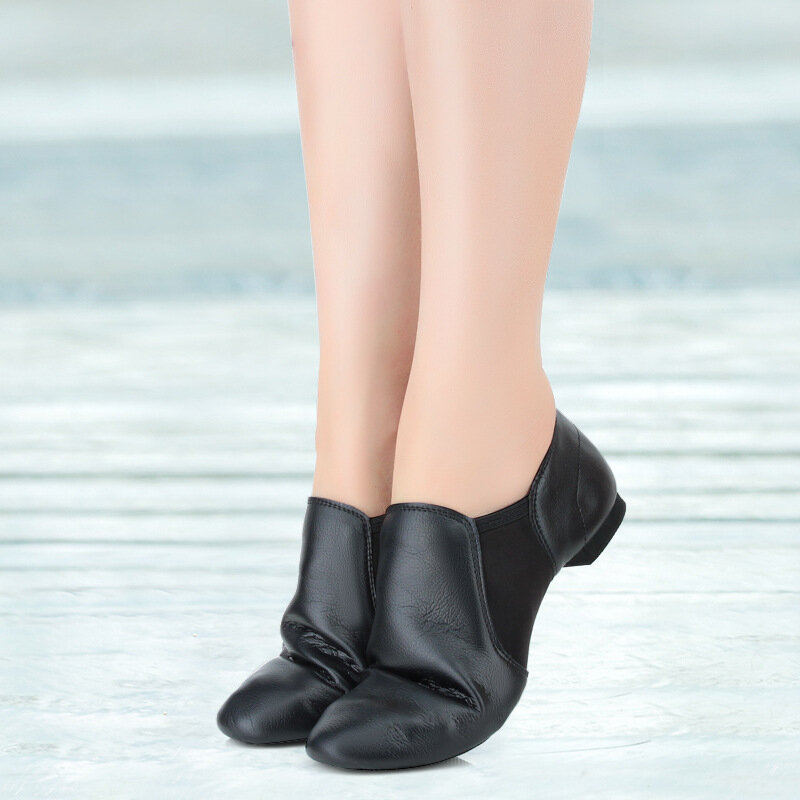 جلد طبيعي/قماش الجاز أحذية الرقص تان الأسود التوأم غور الانزلاق على أحذية الجاز كبيرة الحجم أحذية الرقص للفتيات النساء