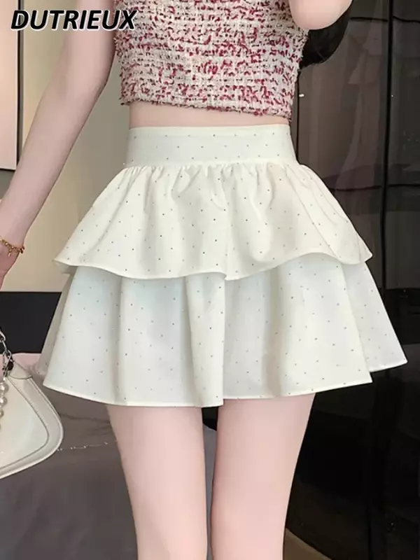 Solid Color Rhinestone Ruffled Spring Summer Women's Skirts 2024 New Simple Sweet Cute Casual A- Line High Waist Skirt Female
