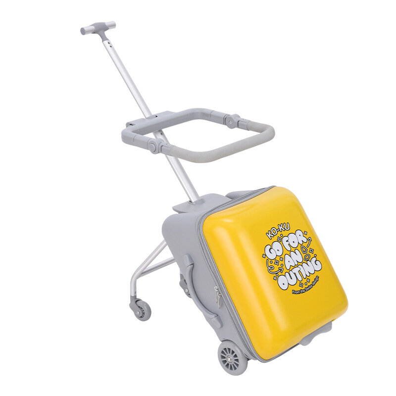 Kotak bagasi perjalanan anak-anak penawaran dengan roda laki-laki dan perempuan ransel bergulir kotak bayi kuning casing troli malas berkendara