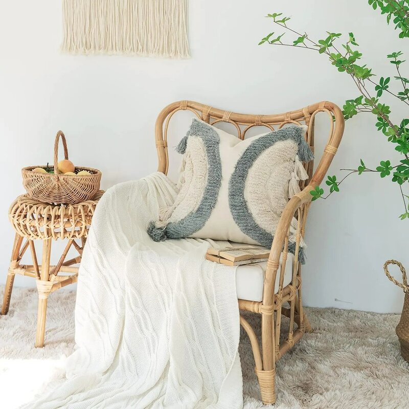 Sarung bantal sofa rumbai dekoratif Boho aksen setengah bulan cantik, sarung bantal Dekorasi Rumah 18 "X 18" Off White 2 pak
