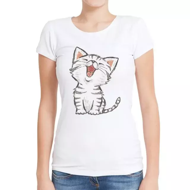 Camiseta de manga curta com decote em O para mulheres, cabelo curto americano, desenhos animados de gato feliz estampados, camiseta casual engraçada, moda