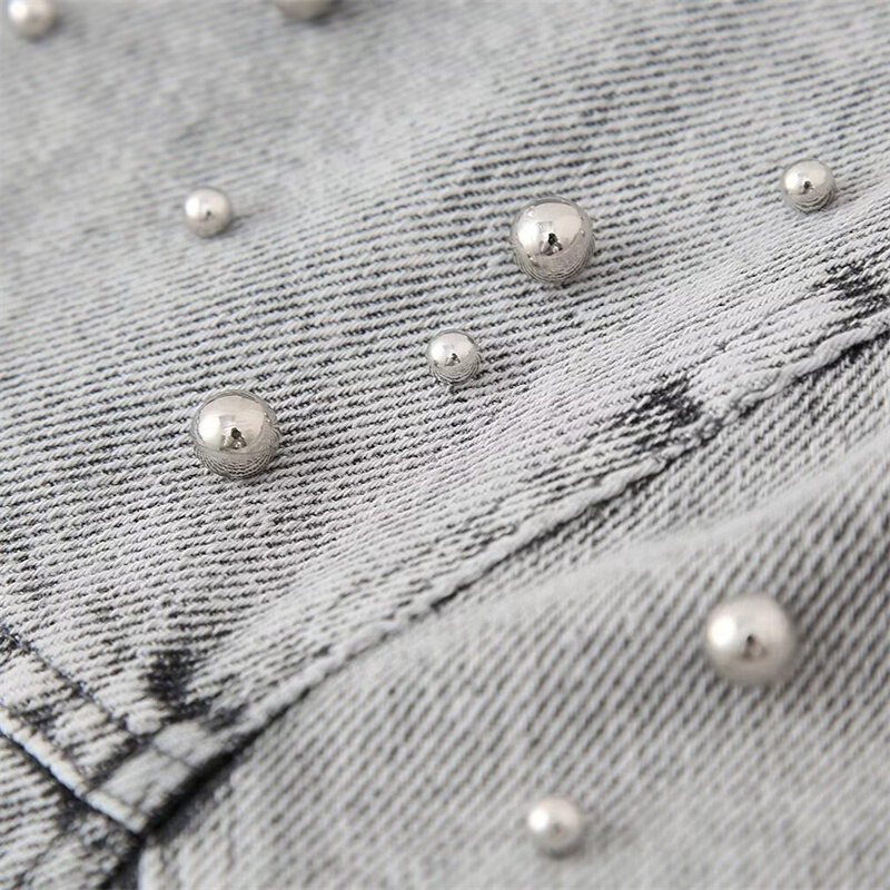 EllYANEllTIAN-Veste en jean ornée de fausses perles pour femme, haut court à boutonnage simple, rue haute, luxe, nouveau lancement, 2024