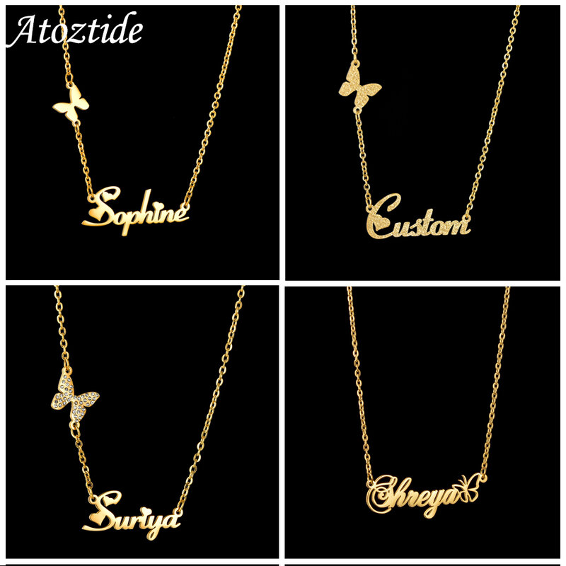 Atoztide Multiple Custom Name Frosted Necklaces Full Stone Butterfly Chain Stainless Steel for Women Pendant Jewelry Gifts