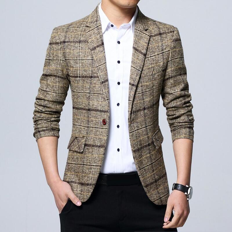 2024 Plaid Suit Jacket Male Linen Plaid Business Blazer Fashion Men Lapel Slim Fit Blazer Jacket Coat Button Decor Business Suit