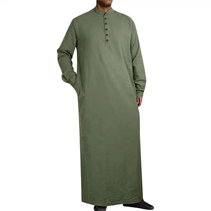 เสื้อคลุมยาวมุสลิมกระดุมคอเสื้อยืนของผู้ชายสไตล์อาหรับแบบมินิมอลลิสต์2024